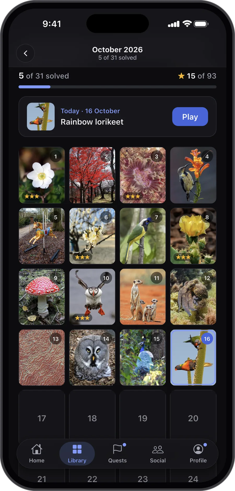 This month's daily pictures, with stars on the days already solved