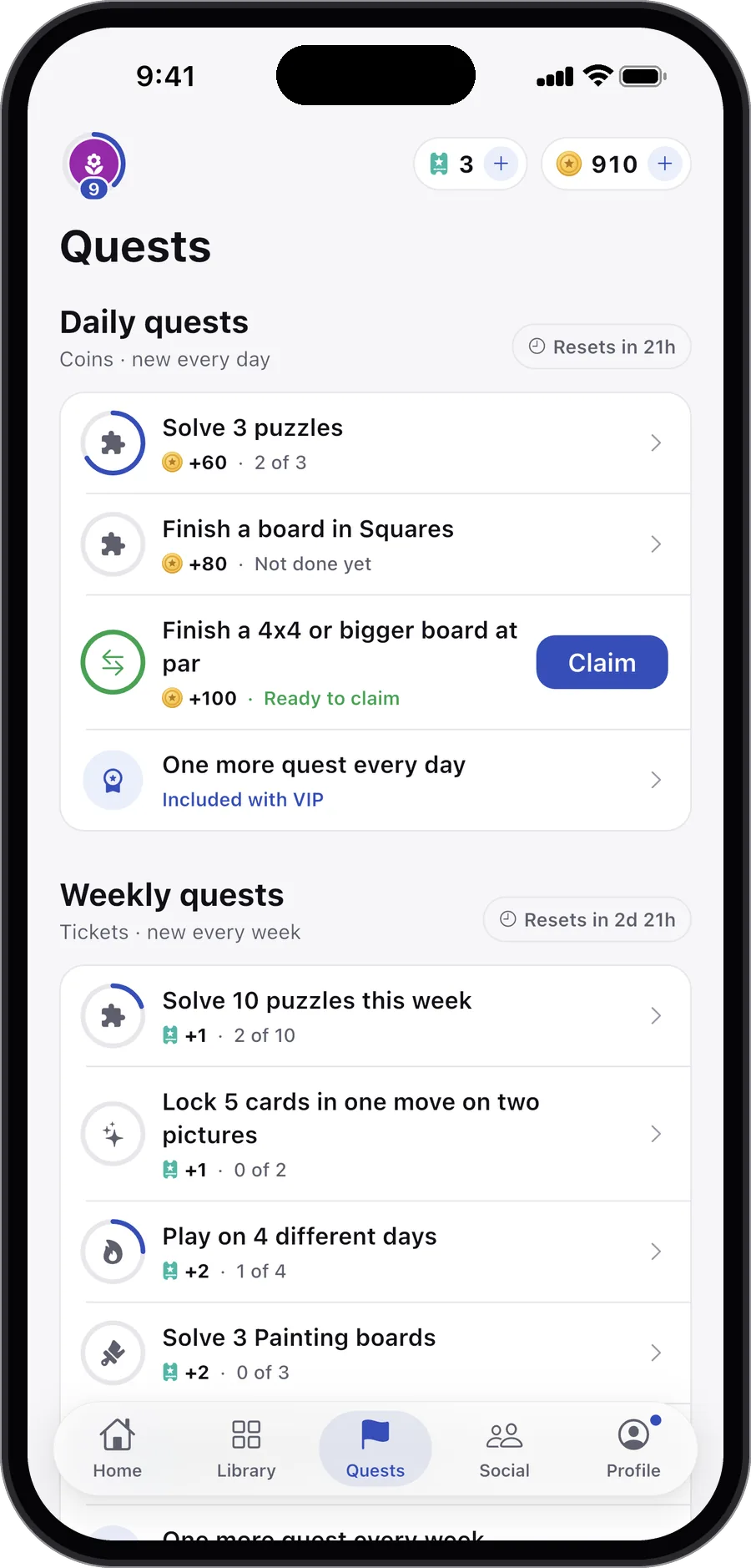 The Quests tab with daily quests and one ready to claim
